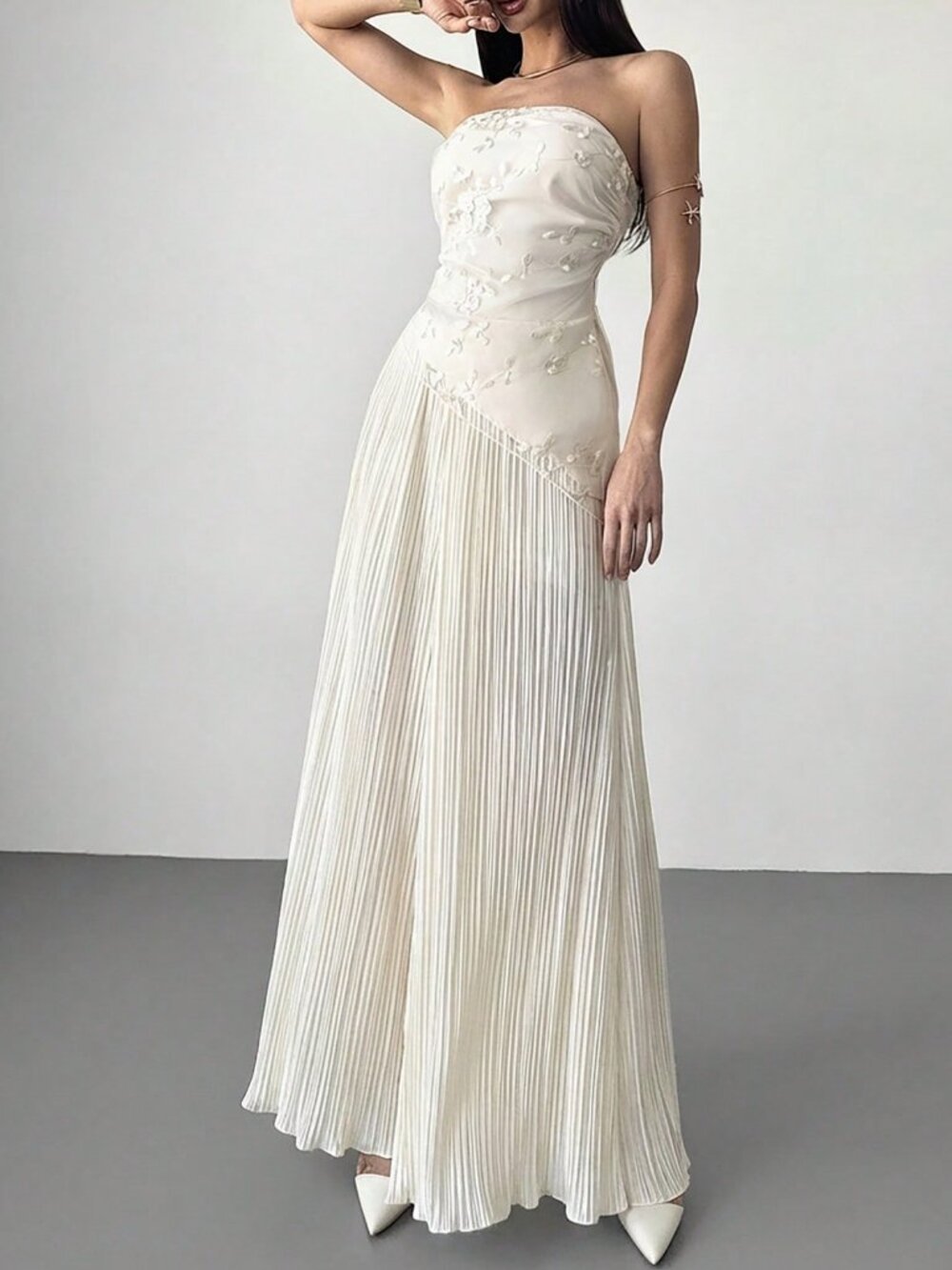 Apricot Elegant Women's Embroidered Fabric Asymmetric Pleated A-Line Dress - Picture 1 of 8
